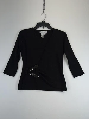 Joseph A Sweater Womens Large Black Silk Metallic 3/4 Sleeve Wrap Top Pullover - Image 1 of 4