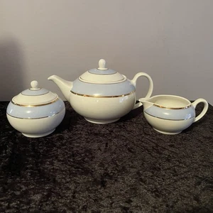 Royal Doulton Bruce Oldfield Powder Blue White & Gold Trim Teapot Milk & Sugar - Picture 1 of 4