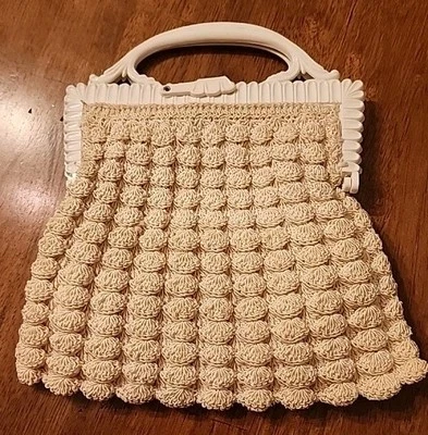 Vintage Popcorn Stitch Art Nouveau Purse with Ornate Celluloid Handle - Image 1 of 4