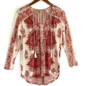 Lucky Brand Size L Red Ivory Tassel Long Sleeve V Neck Top Boho Cotton Blend - Picture 1 of 11