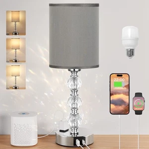 Grey Touch Bedside Lamps for Bedrooms - Crystal Table Lamp with USB C+A Charg... - Picture 1 of 9