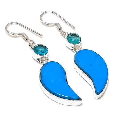 Natural Sleeping Turquoise, Topaz Gemstone 925 Sterling Silver Earring 2.36 " T1 - Image 1 of 4
