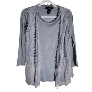 Ali Miles Lagenlook Spitzentop Damen Small S blau Blumen bestickt Boho Fee - Bild 1 von 12