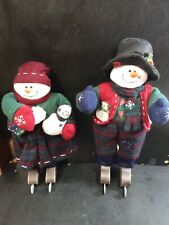 2 Christmas Decorations Snowman & Snow Woman Plush Wood VTG Ice Skates Skating 