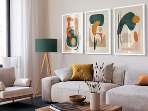 Mid century Modern Green, Orange & Beige Shapes, Contemporary Set of 3 Prints - Picture 1 of 5