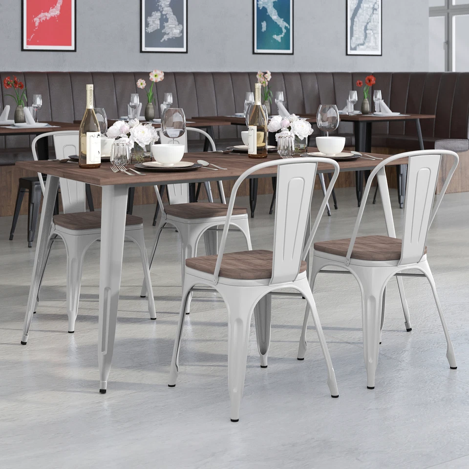 Bailey 30.25" x 60" Silver Metal Table Set with Wood Top and 4 Stack Chairs - Image 1 of 1