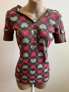 So Blouse w/Cami, Argyle,Hearts,Hooded,Short Sleeve,Brown,Size XL(16) - Picture 1 of 4