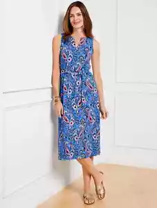 NWT $189 TALBOTS SEASIDE PAISLEY TIE-WAISST SLEEVELESS BLUE JERSEY MIDI DRESS 2X - Picture 1 of 3