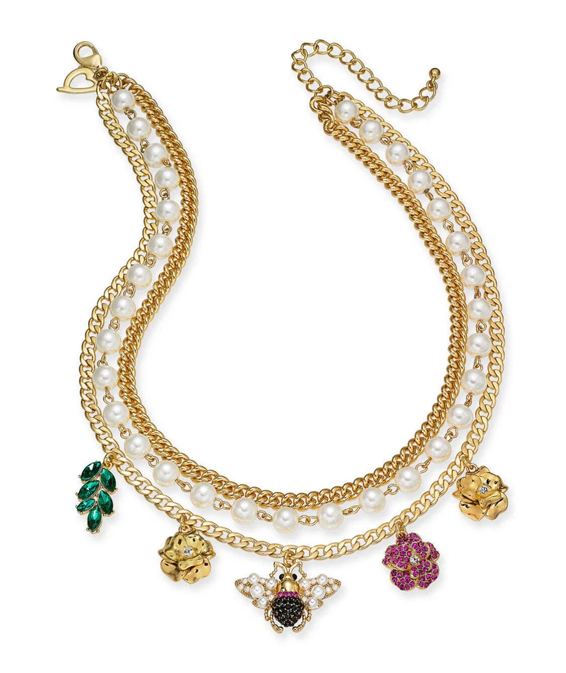 Thalia Sodi Gold-tone Crystal Kiska Pearl Tri Strand Charm Necklace Q707