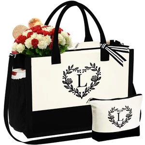 Initial Tote Bag with Make up Bag Canvas Beach Bag with Zipper Birthday Valentin - Picture 1 of 25