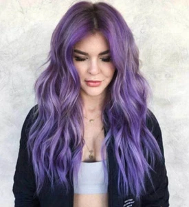 Purple Gradient Big Wave Middle Length Curly Synthetic Fluffy Wig Hair - Imagen 1 de 8