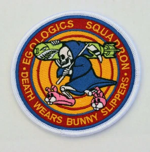 Death Wears Bunny Slippers embroidered patch Grim Reaper Bomb Squad EGOLOGICS - Picture 1 of 3