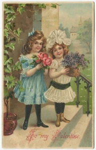 CHILDREN, FLORAL VALENTINE'S DAY - Embossed Greetings Postcard - Picture 1 of 2