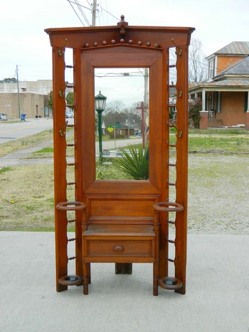 Walnut Victorian Corner Hall Tree Cane Umbrella Stand with Seat Cover