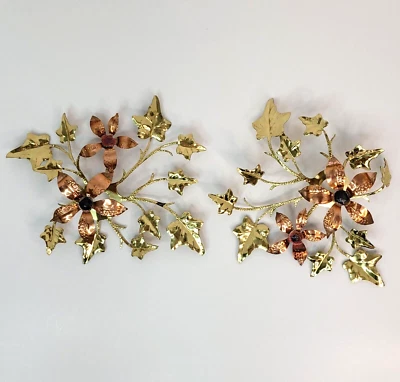Vintage Metal Poinsettia and Holly Leaves Wall Hanging Floral Decor Set of 2 - Image 1 of 4
