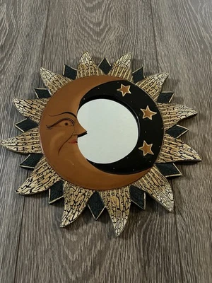 "Espejo de madera redondo celestial vintage Sun Burst Moon Stars dorado 12""" Foto 1 de 4