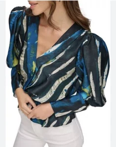 DKNY Satin Twist Front Deep V Neck Blouse Brushstroke Print Puff Sleeve Sz L - Picture 1 of 10