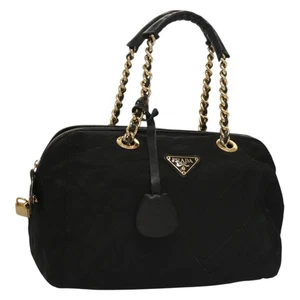 PRADA Chain Hand Bag Nylon Black Gold Auth SW1053 - Picture 1 of 24
