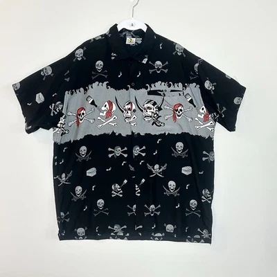 VTG Barefoot Attitude Hawaiian Shirt Pirate Skull & Crossbone Black Silky Mens L - Image 1 of 4
