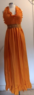 vintage 70's pumpkin orange Smocked  cotton halter maxi  dress sz M - Image 1 of 4