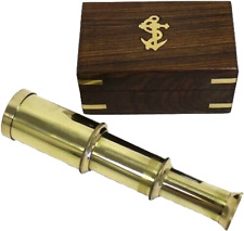 6 Solid Brass Handheld Telescope - Nautical Pirate Spy Glass with Wood Box Rusti
