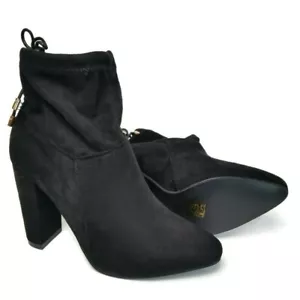 BOOHOO Block Heeled Boots Black High Heel Pull On Tie Back Tobillo Mujeres Talla 9 US - Imagen 1 de 12