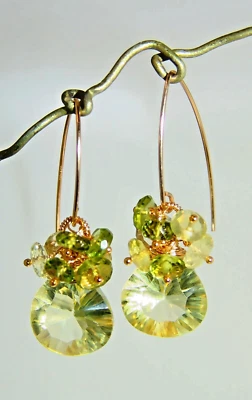 Pendientes araña de piedras preciosas briolette de peridoto de cuarzo limón relleno de oro de 14k Foto 1 de 4