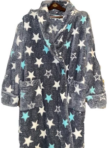Soft Fleece GRAY LONG Robe Shawl Collar BLUE WHITE STARS Plush Spa Bathrobe BELT - Picture 1 of 12