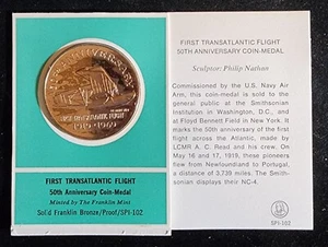 Franklin Mint Bronze Proof - First Transatlantic Flight 50th Anniv Medal. T7068 - Picture 1 of 5