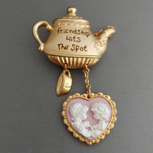 Vtg PMI Precious Moments Pin Heart Shape Cameo Teapot Friendship Brooch 90’s - Picture 1 of 7