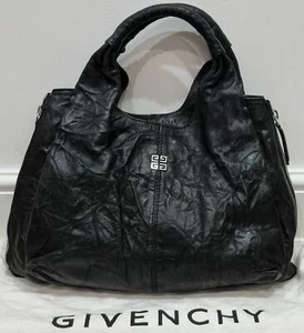 GIVENCHY Black Wrinkled Leather Branded Silver Side Zipper Expandable Tote Bag - Picture 1 of 12
