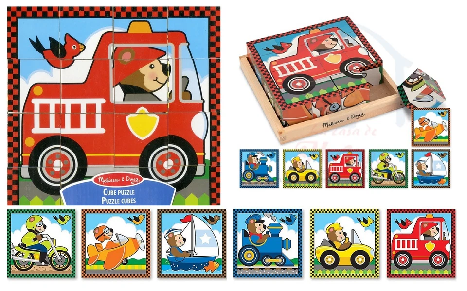 Puzzle 16 cubi legno veicoli orso moto nave aereo treno auto pompieri Melissa - Immagine 1 di 1
