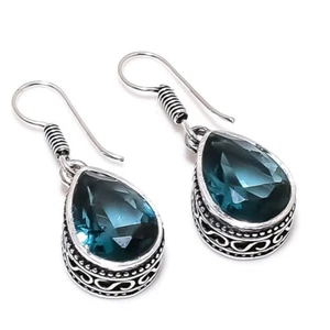 London Blue Topaz Gemstone Handmade 925 Sterling Silver Jewelry Earring Sz 1.20"