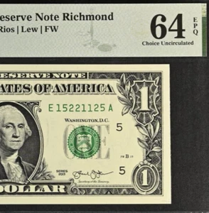 2013 $1 Federal Reserve Note PMG 64EPQ- Fancy Serial Number 15221125 - Picture 1 of 3