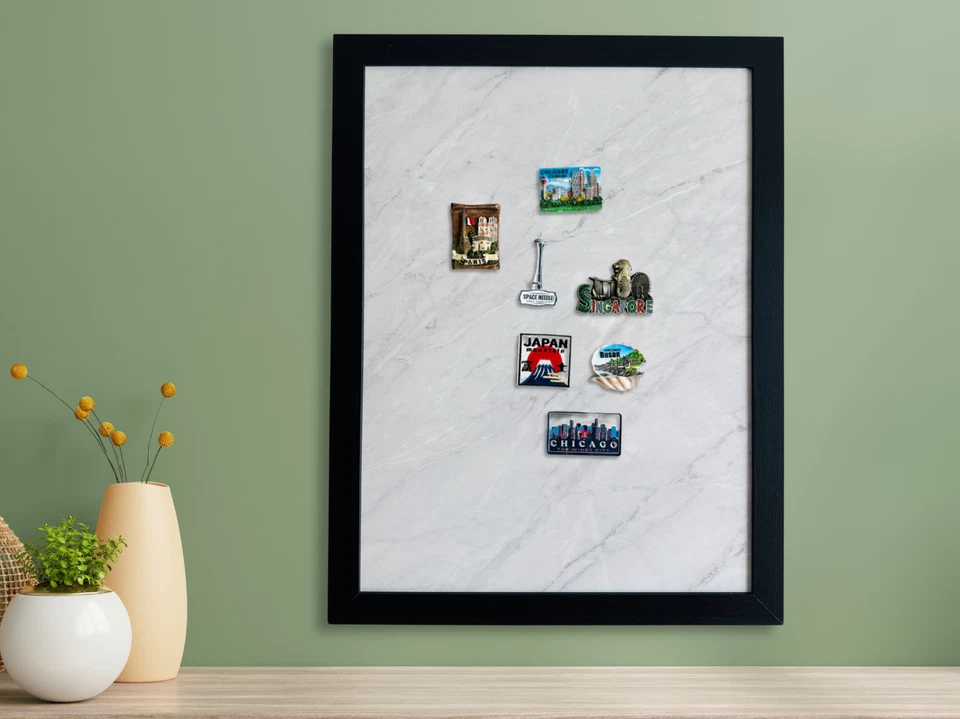 Framed faux marble style travel souvenir magnet display board. - Image 1 of 4