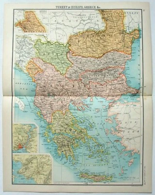 Turkey in Europe - Original 1898 Map by John Bartholomew. Ottoman Antique - Image 1 of 4