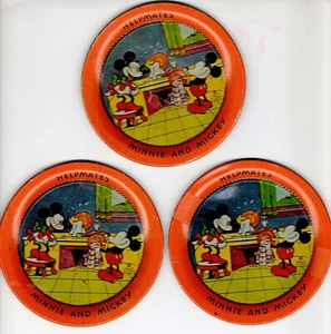 3 Walt Disney Mickey and Minnie Mouse Tin Toy Plates "Helpmates" 4 & 1/4" - Picture 1 of 2