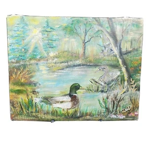 Mallards Oil Painting Orginal Landscape Blues Greens Signed Unframed 13.5" x 11" - Picture 1 of 8