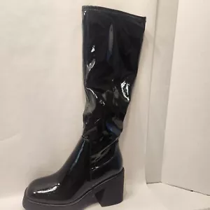 Tall Knee High Black Vegan Faux Leather Chunky Heel Sz 7 Platform Stretchy - Picture 1 of 12