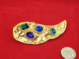 Vintage abstrakte MCM Kunst Brosche mit blauen & grünen Steinen - moderne Anstecknadel 3" - Bild 1 von 11