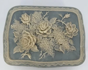 Vintage Incolay Stone Resin Flowers Roses Blue Jewelry Box - Picture 1 of 19