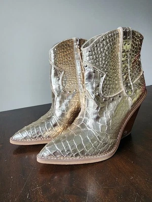 Sam Edelman Iris 2 Women’s Gold Croc Embossed Leather Western Booties Size 7 - Image 1 of 4