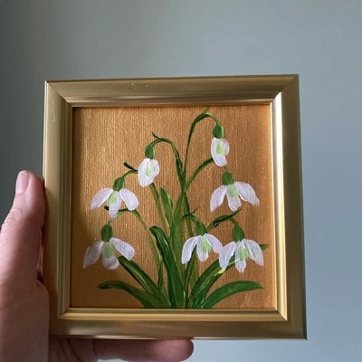 Snowdrops Flores Pintura Original 4/4, Obra de Arte, Mini,Pequeña,Enmarcada,Dorada Foto 1 de 4