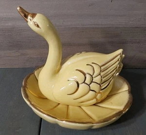Swan Hand Painted Ceramic Glazed Yellow Gold w Dish Vintage 5.5x4.5 - Picture 1 of 7