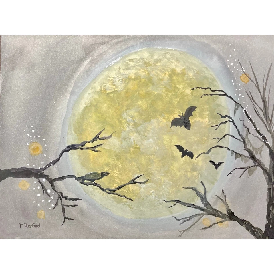 Hand painted watercolor original painting spooky Halloween moon bats - Image 1 of 1