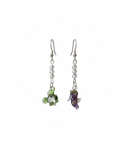 Fish & Seahorse 3" Dangle Earrings Artisan Glass Green Purple Pierced Mismatch - Picture 1 of 10