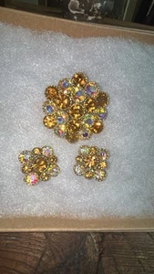 Atemberaubende Vintage 50er Jahre Bernstein Farbe & irisierende Strass Brosche/Clip Ohrring Set - Bild 1 von 7