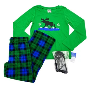 Mad Dog Concepts Girls Size M 8 Moose Pajama Set & Socks Moose Plaid Green/Blue - Picture 1 of 19