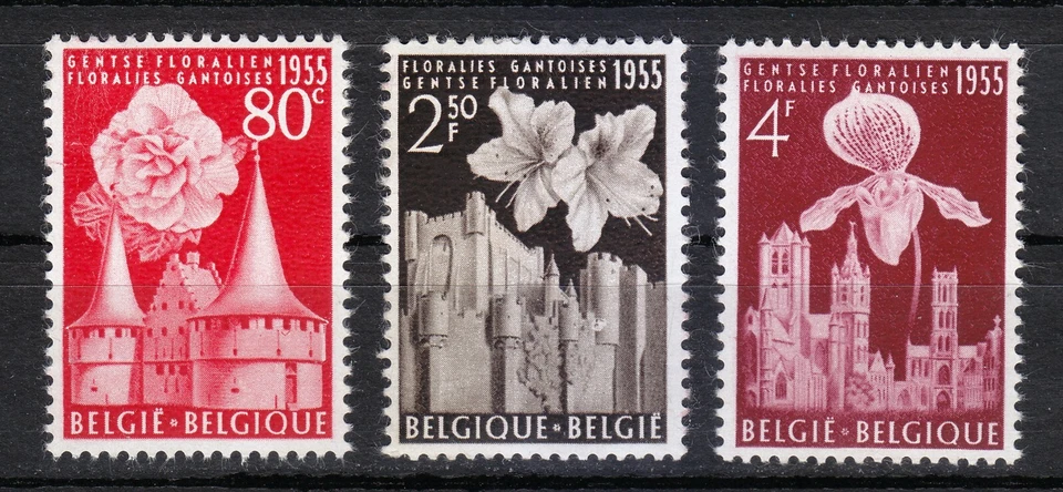 Belgium 1955 MNH Mi 1010-1012 Sc 482-484 Ghent Flower Exhibition & Castles ** 02 - Image 1 of 2