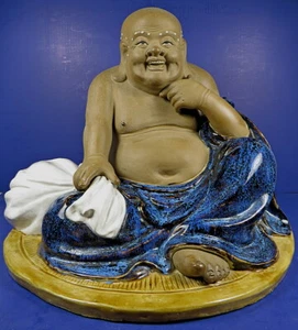 HUGE VINTAGE CHINESE SHIWAN BLUE FLAMBE GLAZED STONEWARE BUDAI / HOTEI FIGURINE - Picture 1 of 6
